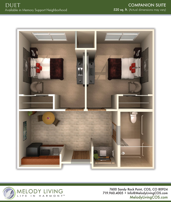 The Duet, Melody Living’s premier memory care companion suite floor plan option.